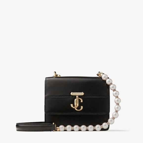Jimmy Choo Varenne Quad XS - Black Leather Shoulder Bag with Pearl Strap - Picture 1 of 6
